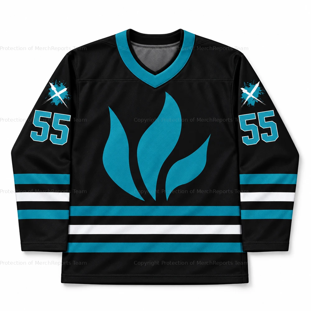 Black-and-teal flame hockey jersey — Blue October Abilene online merch edit