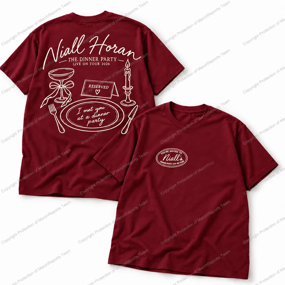 Burgundy Dinner Party two-sided T-shirt — Niall Horan Barcelona online merch edit