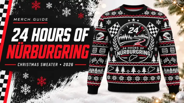 24 Hours of Nürburgring Racing Logo Christmas Sweater artwork and 2026 merch guide title