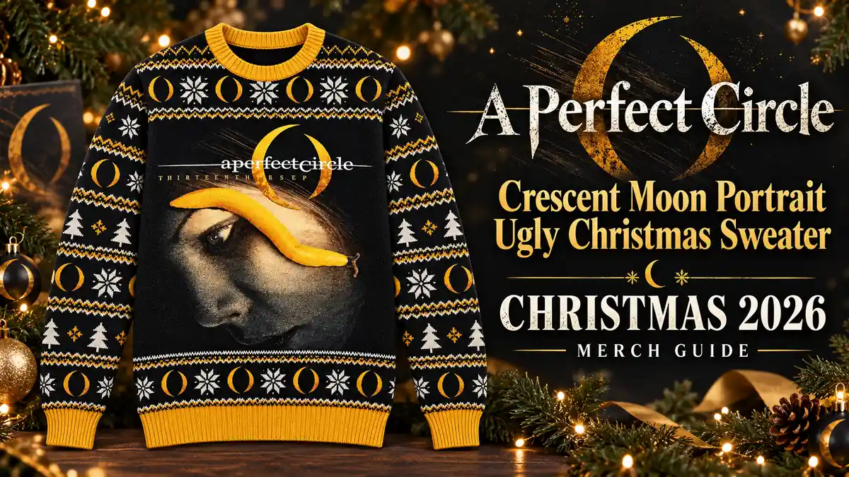 A Perfect Circle Crescent Moon Portrait Ugly Christmas Sweater product artwork with Christmas 2026 merch guide title