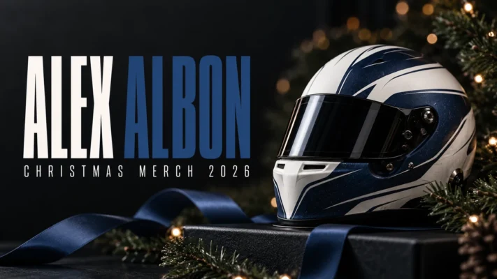 ALEX ALBON Christmas merch 2026 editorial cover with a conceptual racing helmet