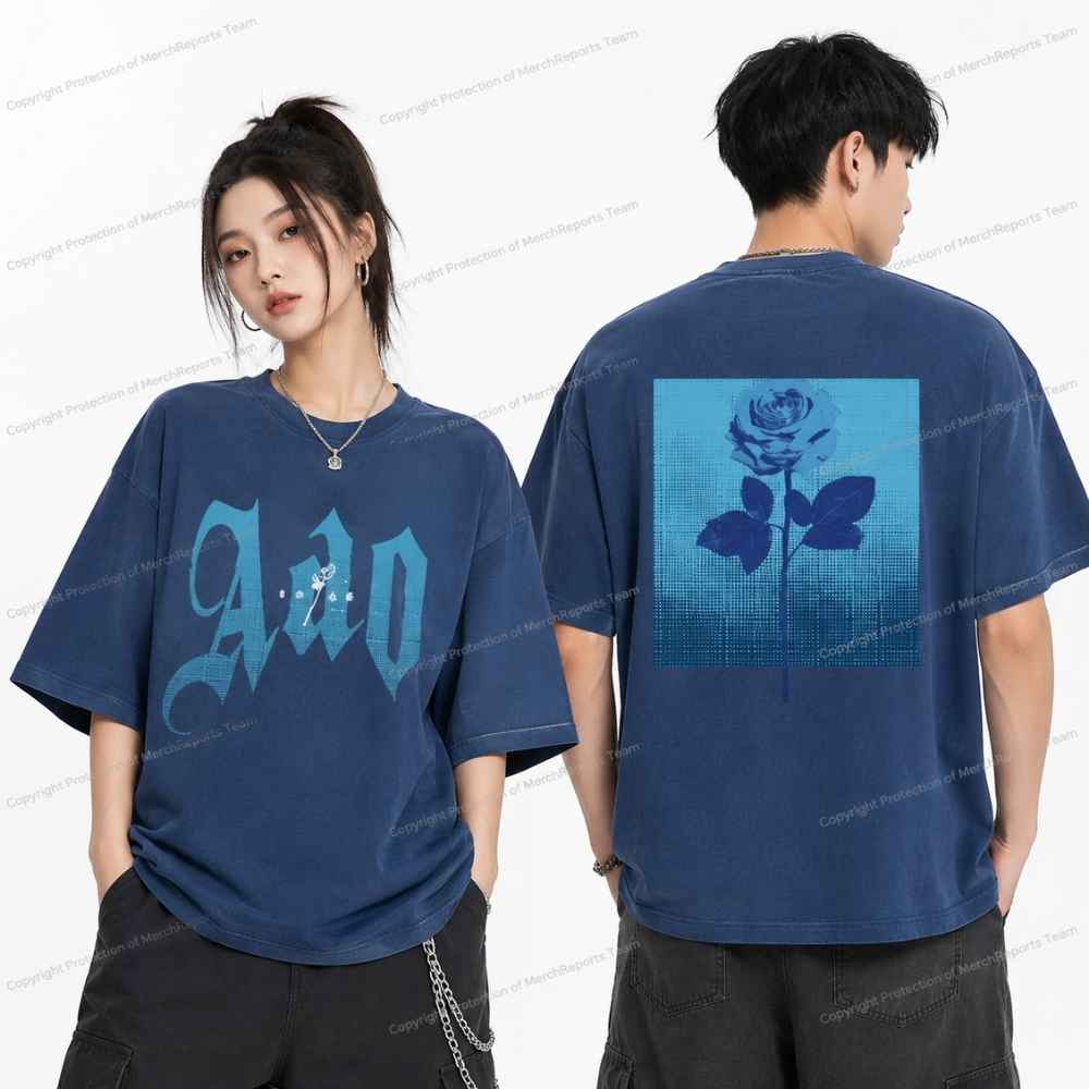 Fashionable Blue Rose T-Shirt front and back product view