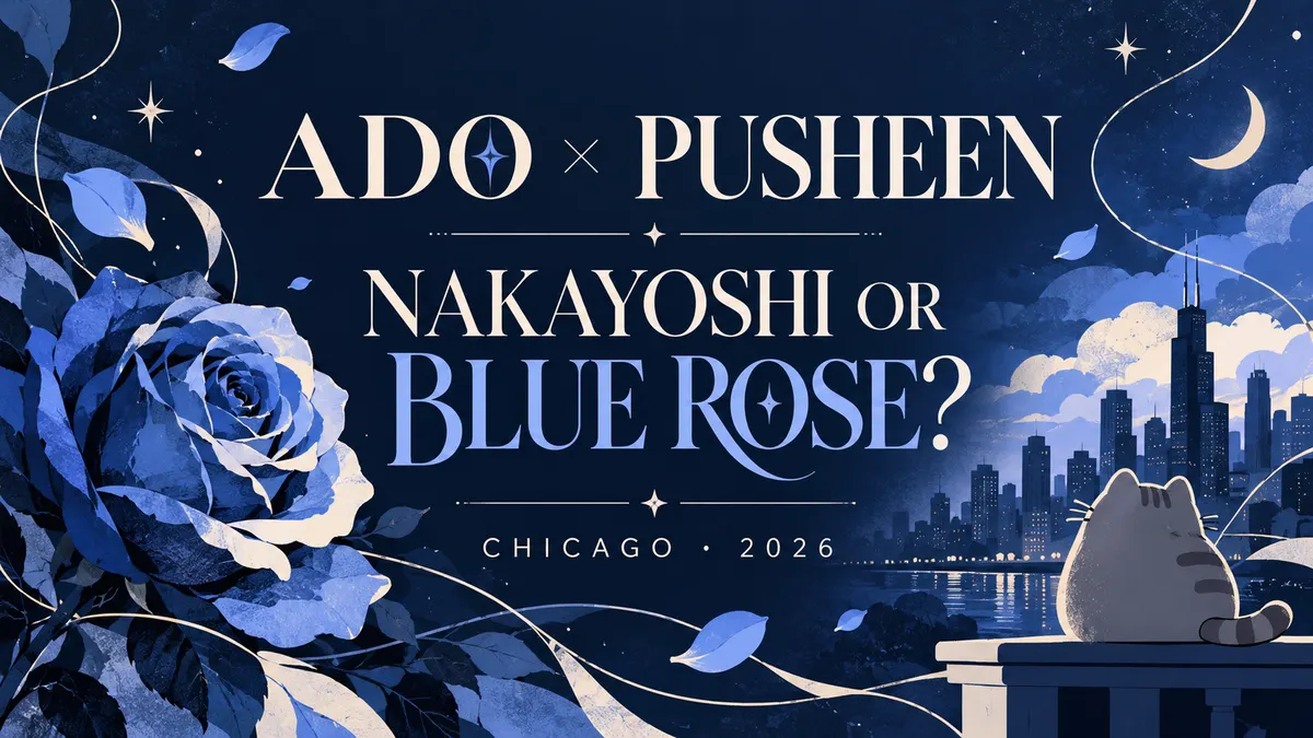 ADO × PUSHEEN — NAKAYOSHI OR BLUE ROSE? — CHICAGO · 2026 editorial artwork
