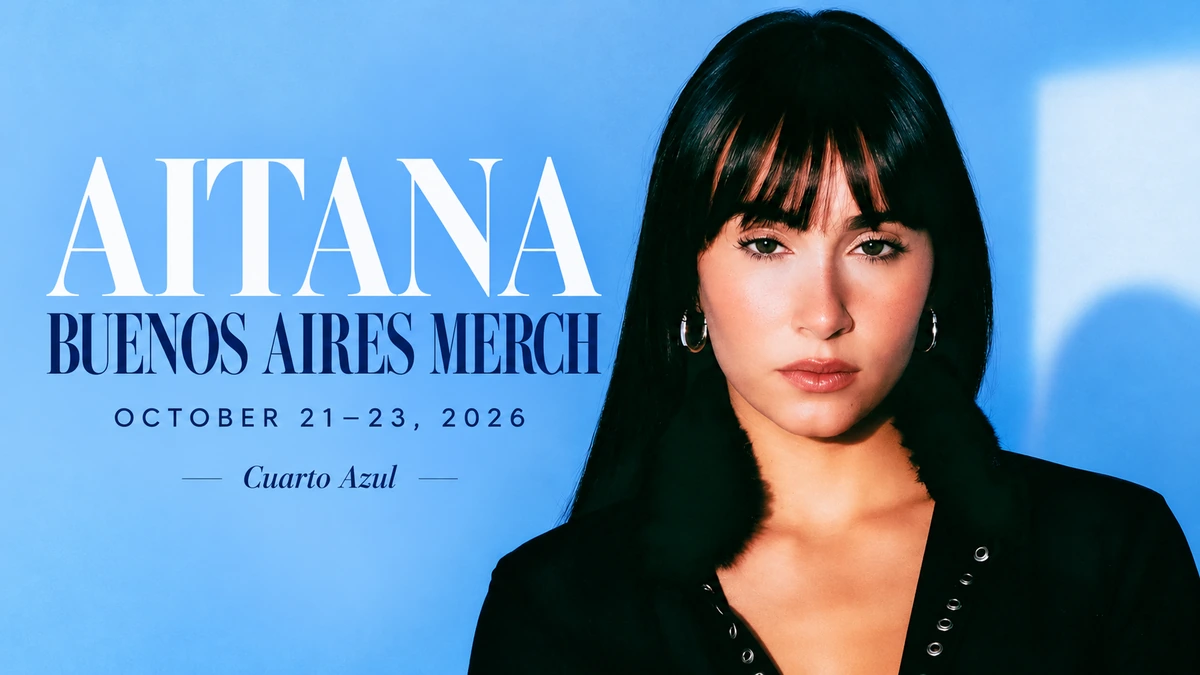 Aitana portrait on a blue Buenos Aires merch banner, October 21–23, 2026