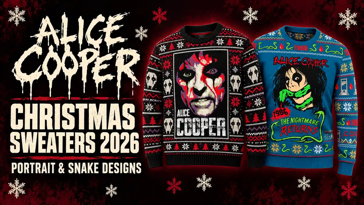 Alice Cooper face portrait and blue snake Christmas sweaters with the 2026 guide title