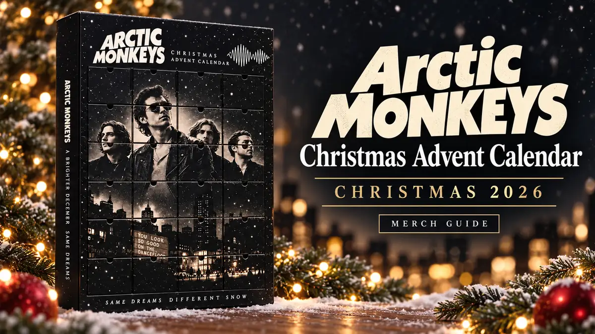 Arctic Monkeys Christmas Advent Calendar product artwork with Christmas 2026 merch guide title
