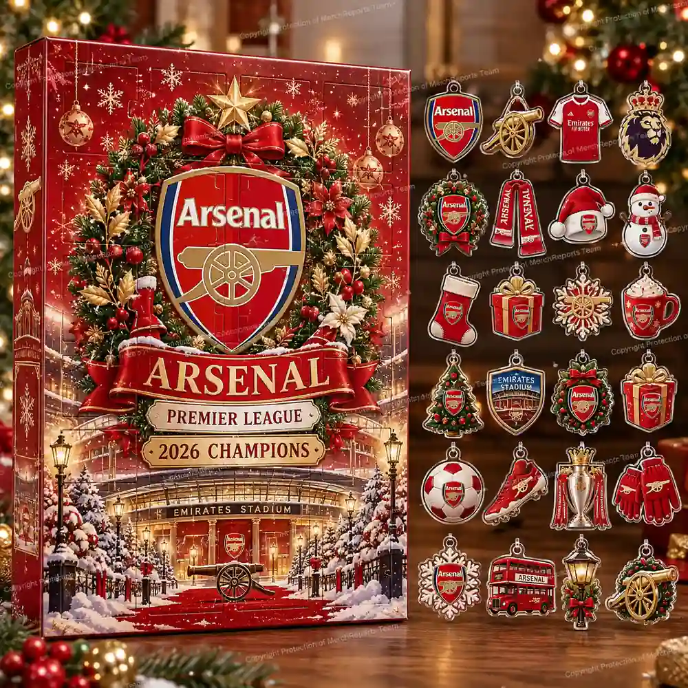 Existing Arsenal Heritage acrylic calendar product mockup showing the box and ornament arrangement