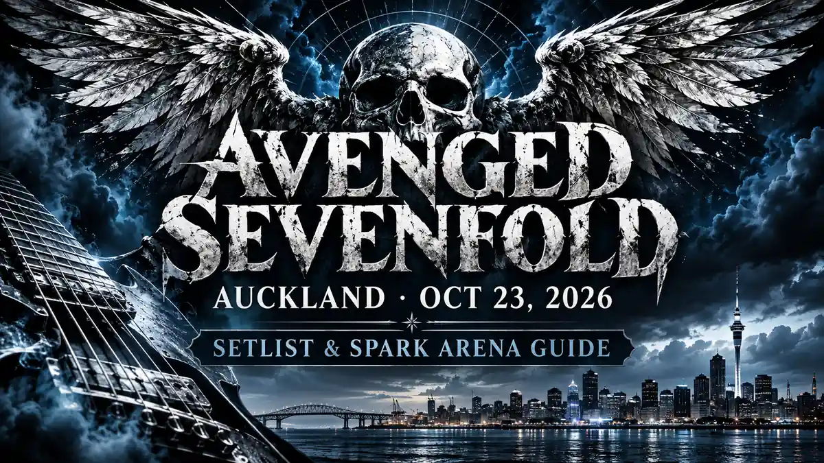 Avenged Sevenfold Auckland guide artwork featuring silver wings, a skull and Auckland skyline.