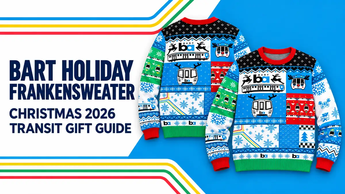 Front and back views of the blue BART patchwork holiday sweater beside the Christmas 2026 transit gift guide title