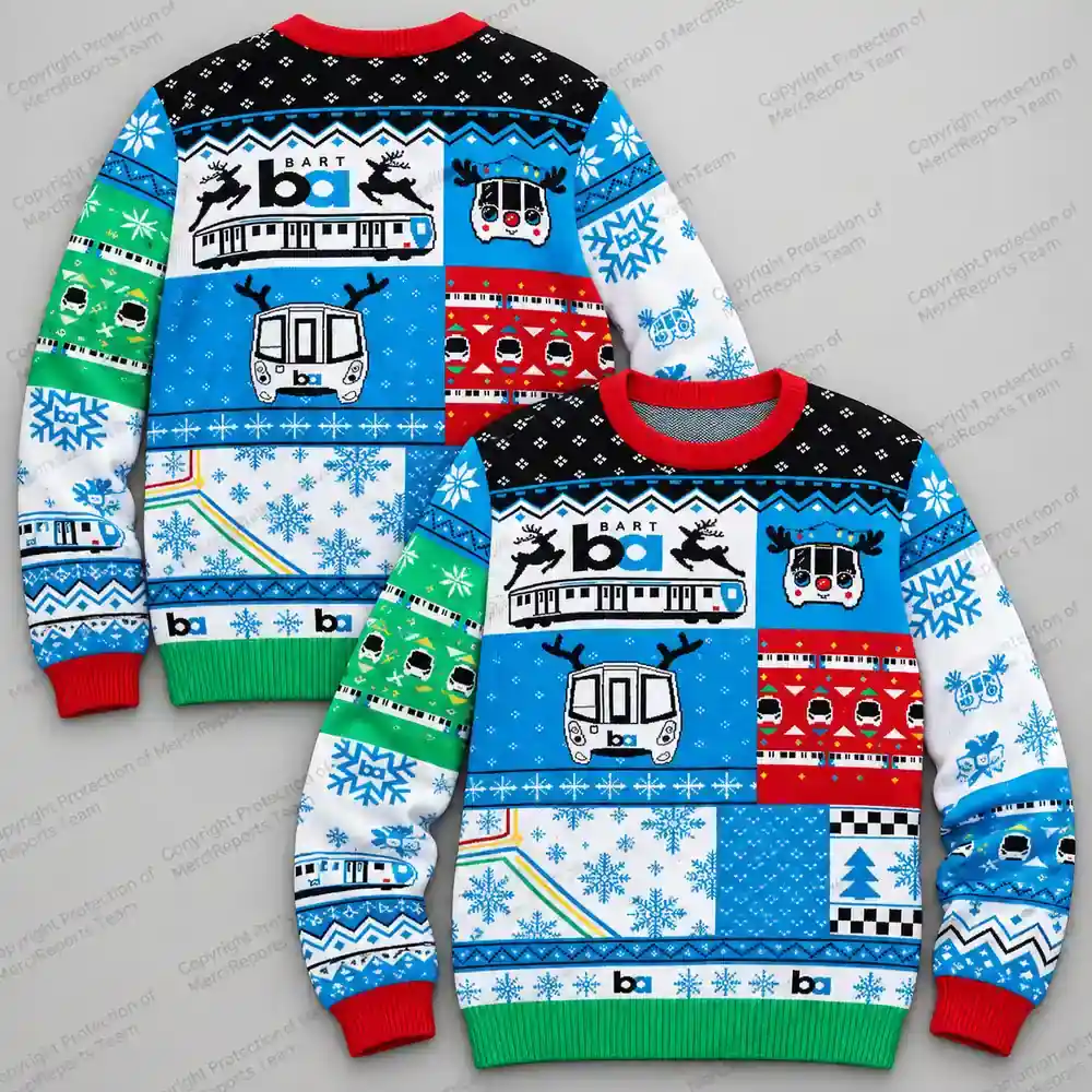 BART Frankensweater front and back with patchwork train graphics, snowflakes, red cuffs and green hem