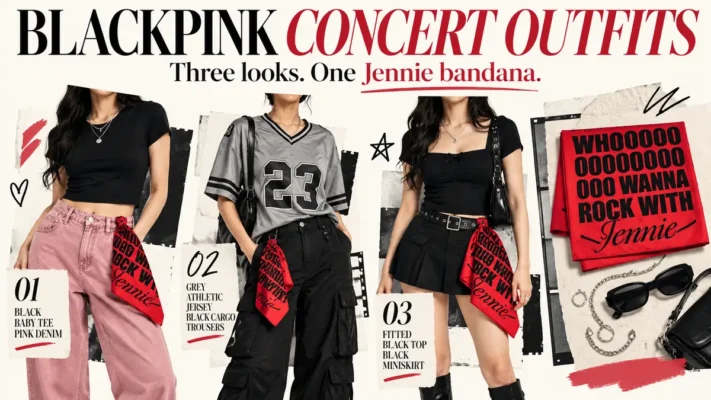 Editorial collage of three BLACKPINK concert outfit ideas and a red Jennie bandana.