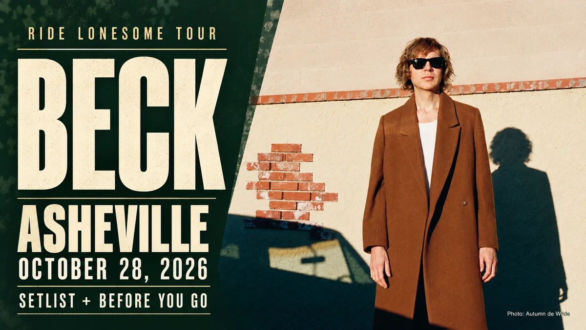 Beck in sunglasses and a brown coat with Asheville, October 28, 2026 setlist and before-you-go guide lettering