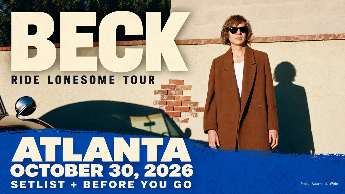 Beck in sunglasses and a brown coat with Atlanta, October 30, 2026 setlist and before-you-go guide lettering