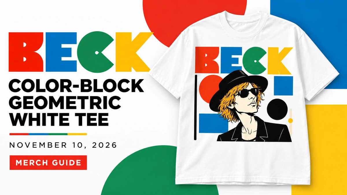 Beck Color-Block Geometric White Tee artwork and dated merch guide title