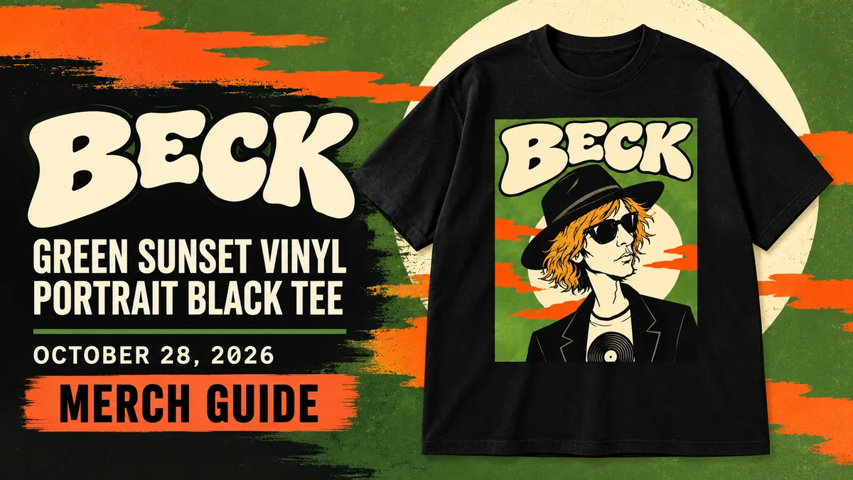 Beck Green Sunset Vinyl Portrait Black Tee artwork and dated merch guide title