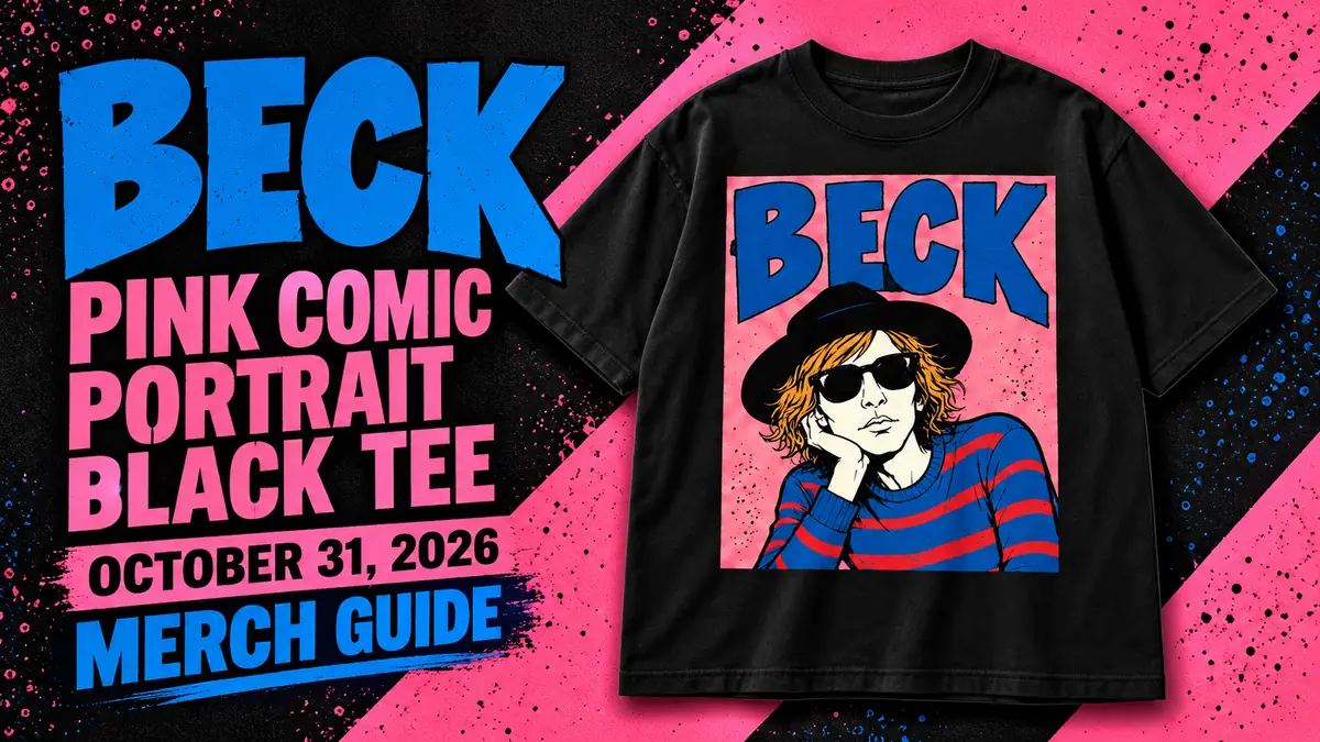 Beck Pink Comic Portrait Black Tee artwork and dated merch guide title