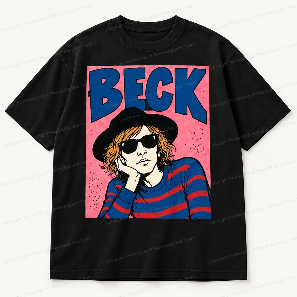 Beck Pink Comic Portrait Black Tee product artwork