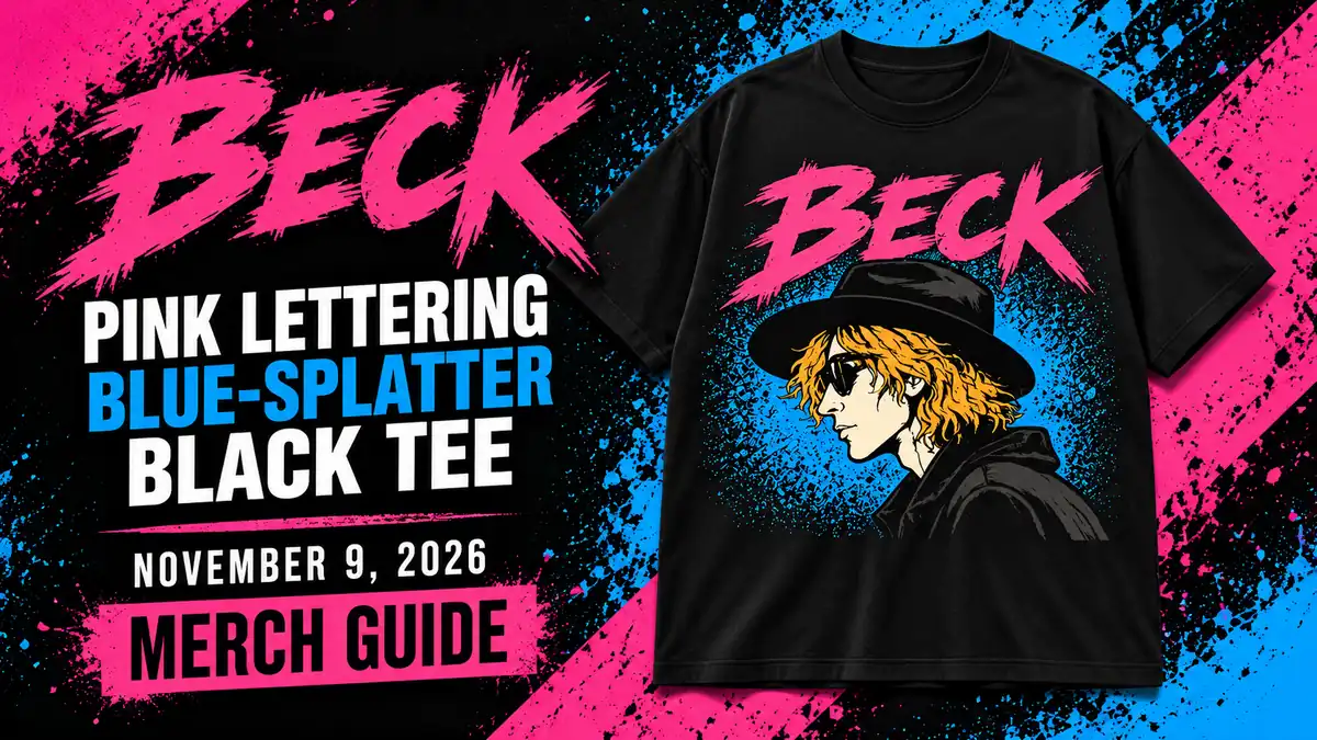 Beck Pink Lettering Blue-Splatter Black Tee artwork and dated merch guide title