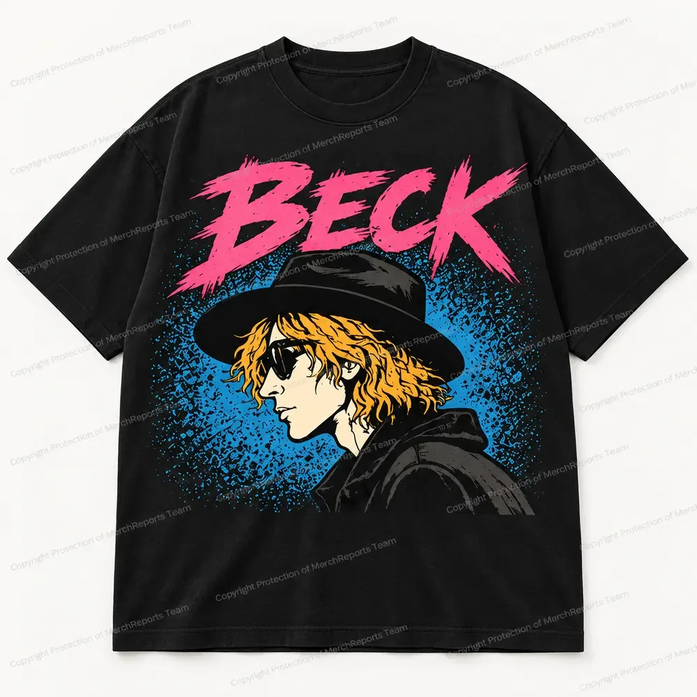 Beck Pink Lettering Blue-Splatter Black Tee product artwork