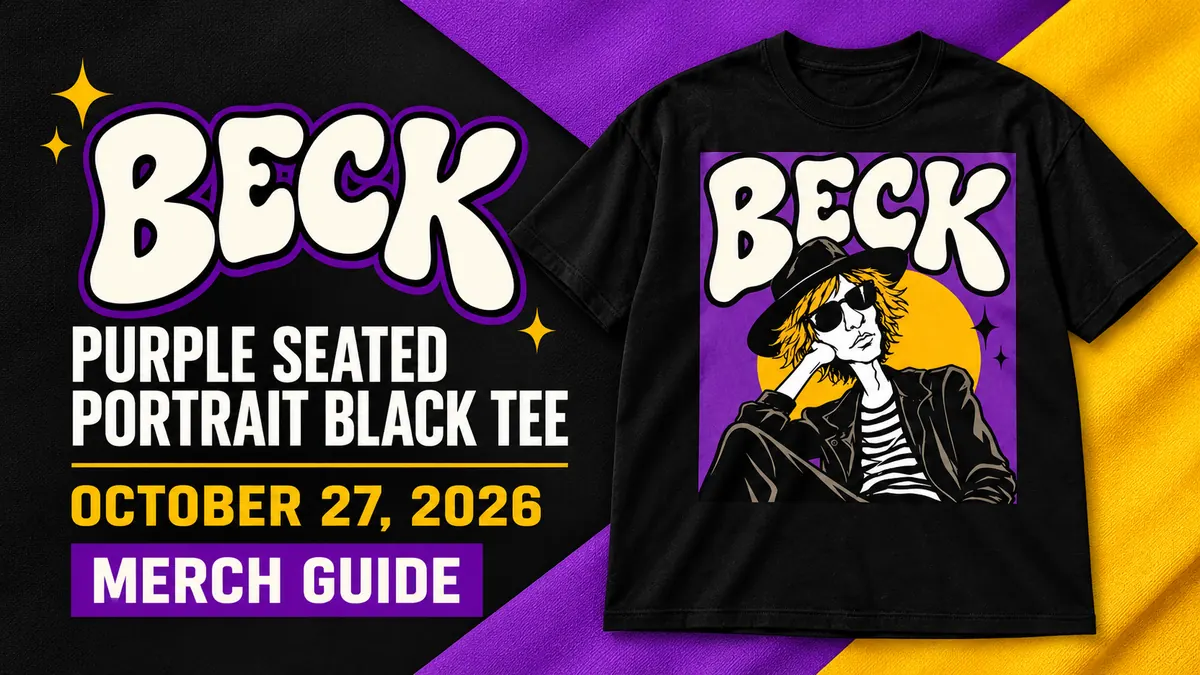 Beck Purple Seated Portrait Black Tee artwork and dated merch guide title