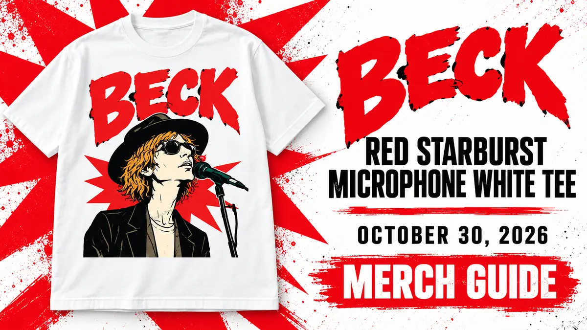 Beck Red Starburst Microphone White Tee artwork and dated merch guide title