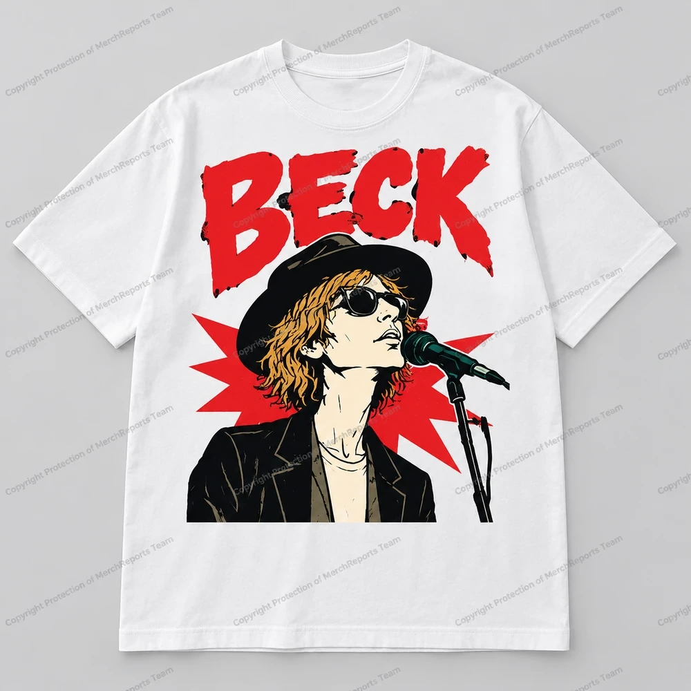Beck Red Starburst Microphone White Tee product artwork