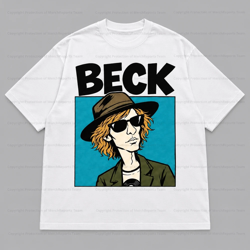Beck Teal Portrait Brown Hat White Tee product artwork