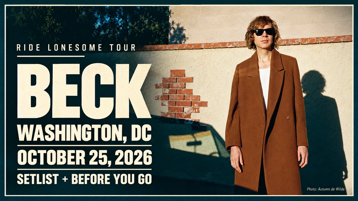 Beck in sunglasses and a brown coat with Washington, DC, October 25, 2026 setlist and before-you-go guide lettering