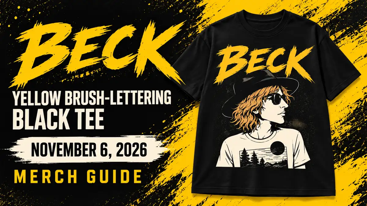 Beck Yellow Brush-Lettering Black Tee artwork and dated merch guide title