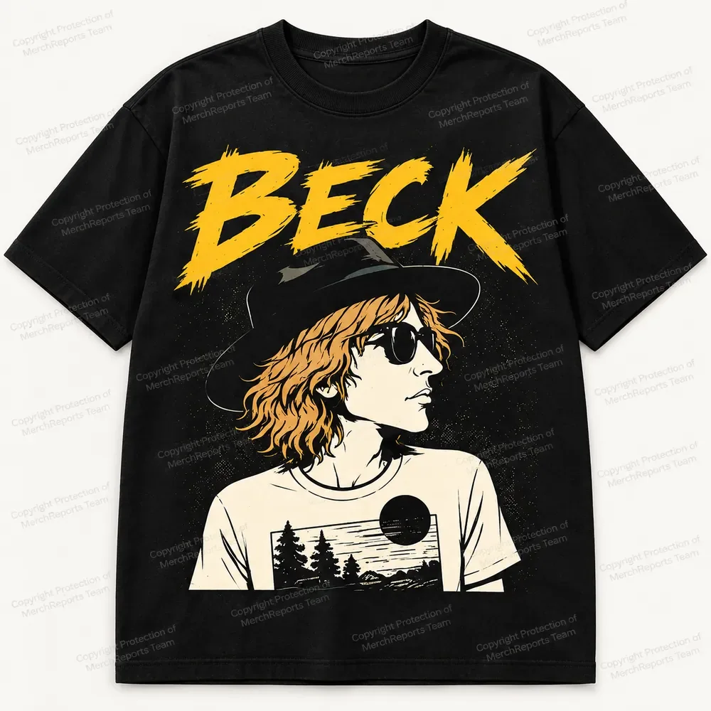 Beck Yellow Brush-Lettering Black Tee product artwork