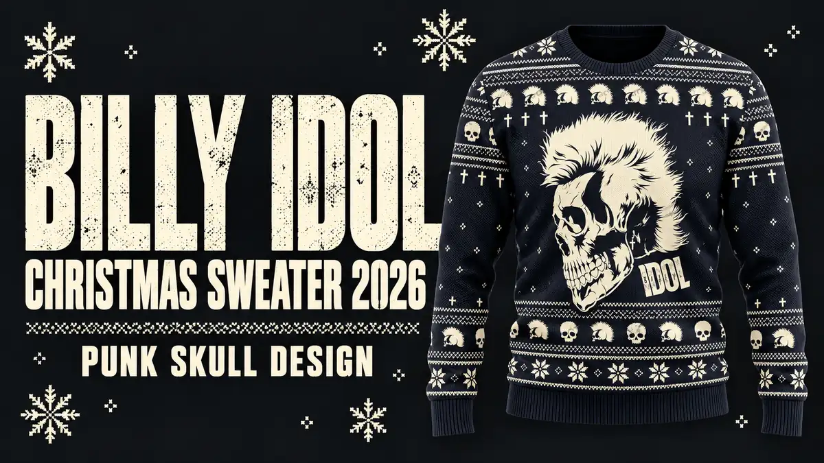 Billy Idol punk skull Christmas sweater with the 2026 gift guide title