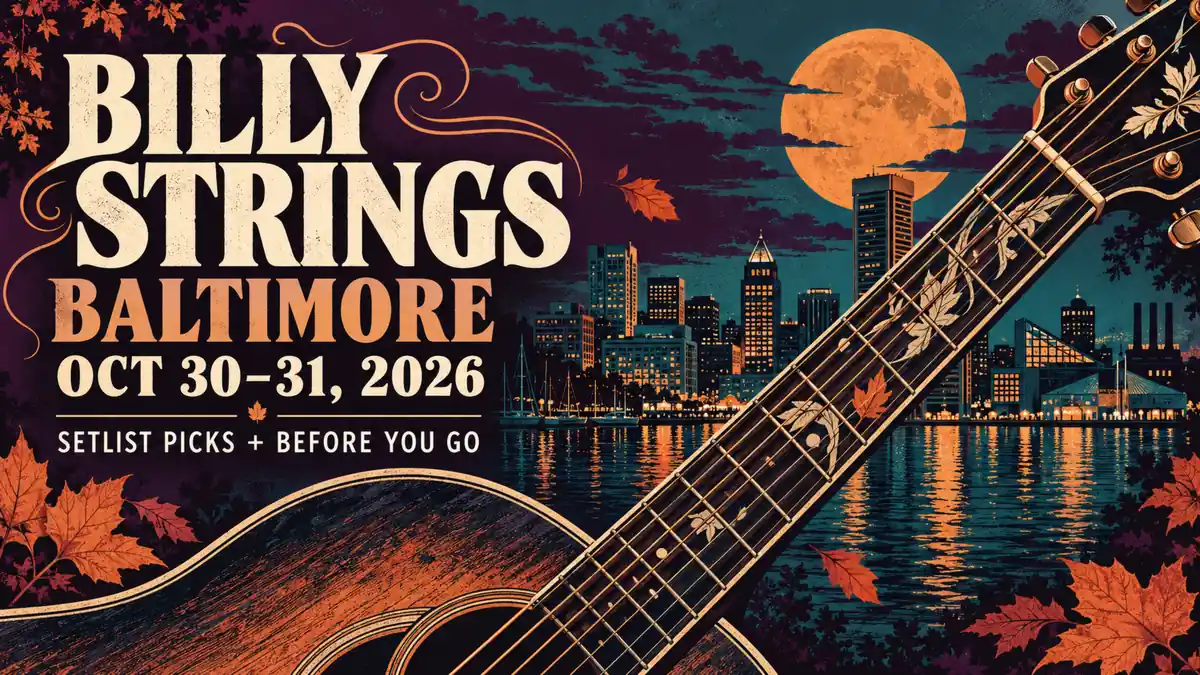 Editorial illustration of an acoustic guitar over Baltimore at night, titled Billy Strings Baltimore October 30–31, 2026