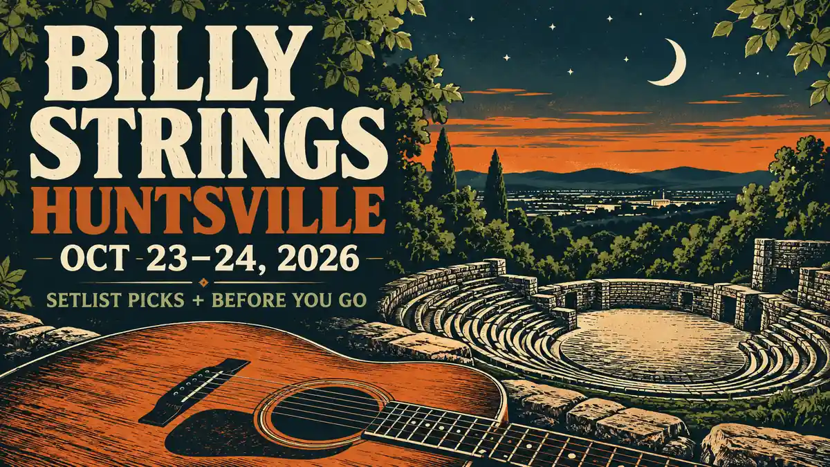 Editorial illustration of an acoustic guitar and an amphitheater at dusk, with Billy Strings Huntsville October 23–24, 2026 lettering