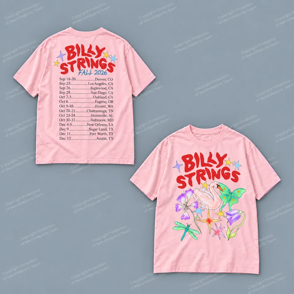 Pink Billy Strings swan-and-floral tee shown front and back with fall 2026 tour dates