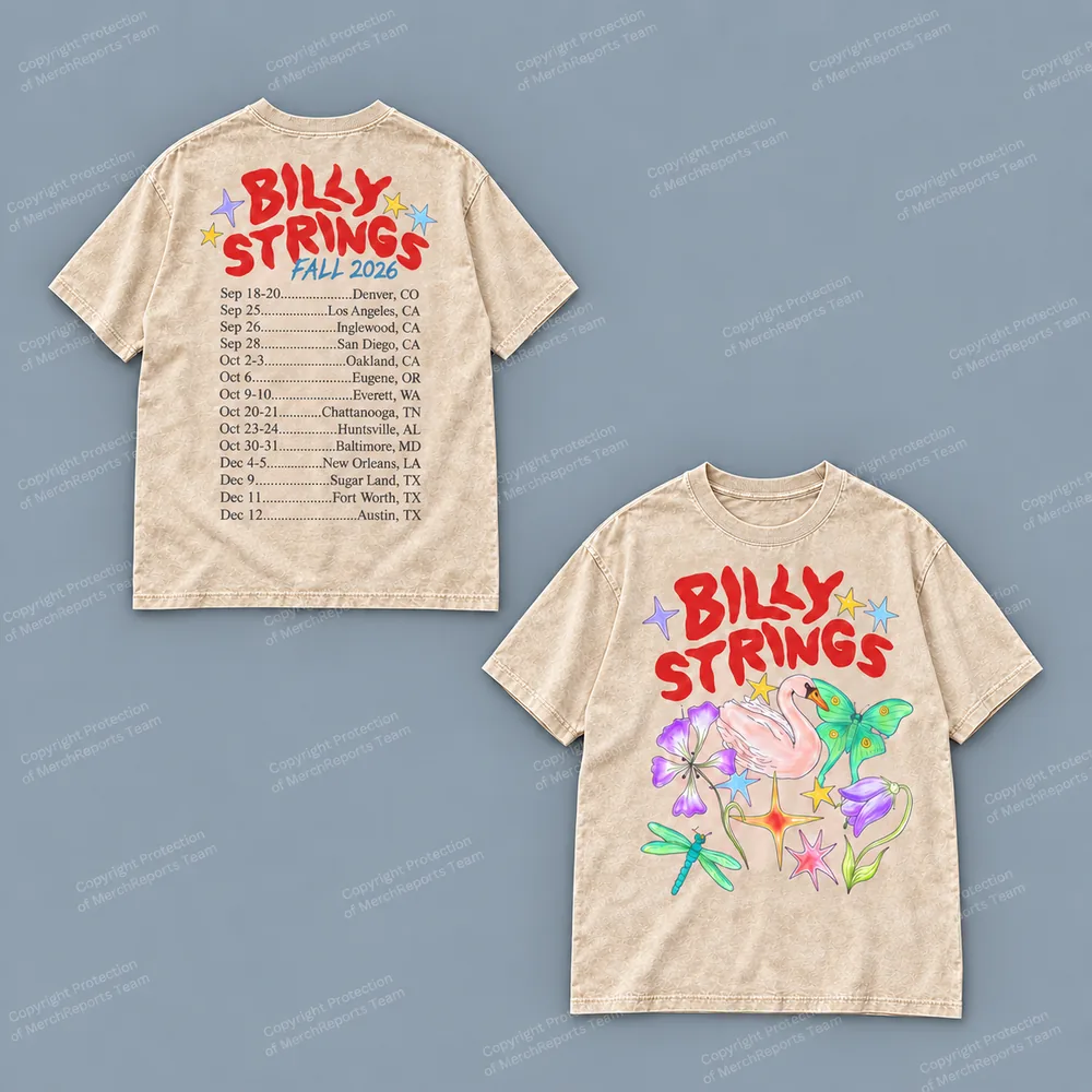 Washed beige Billy Strings tee with swan artwork on the front and fall tour dates on the reverse