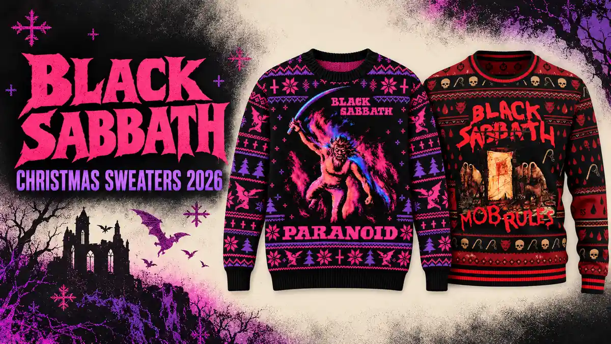Black Sabbath Christmas sweater designs shown with the 2026 gift guide title