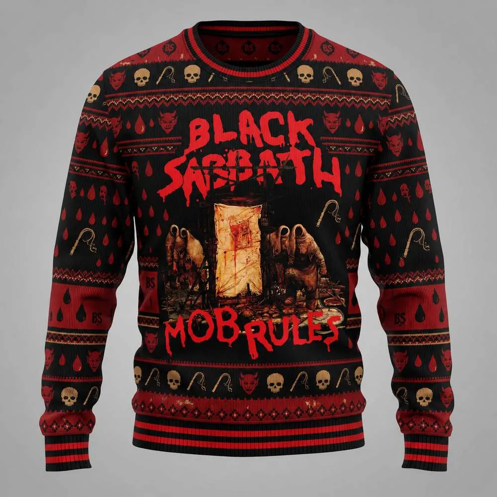 Mob Rules — Red & Black Black Sabbath Christmas sweater