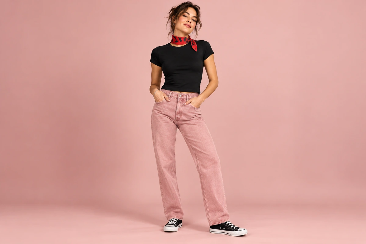 Black baby tee and pink jeans with the red Jennie bandana worn at the neck.