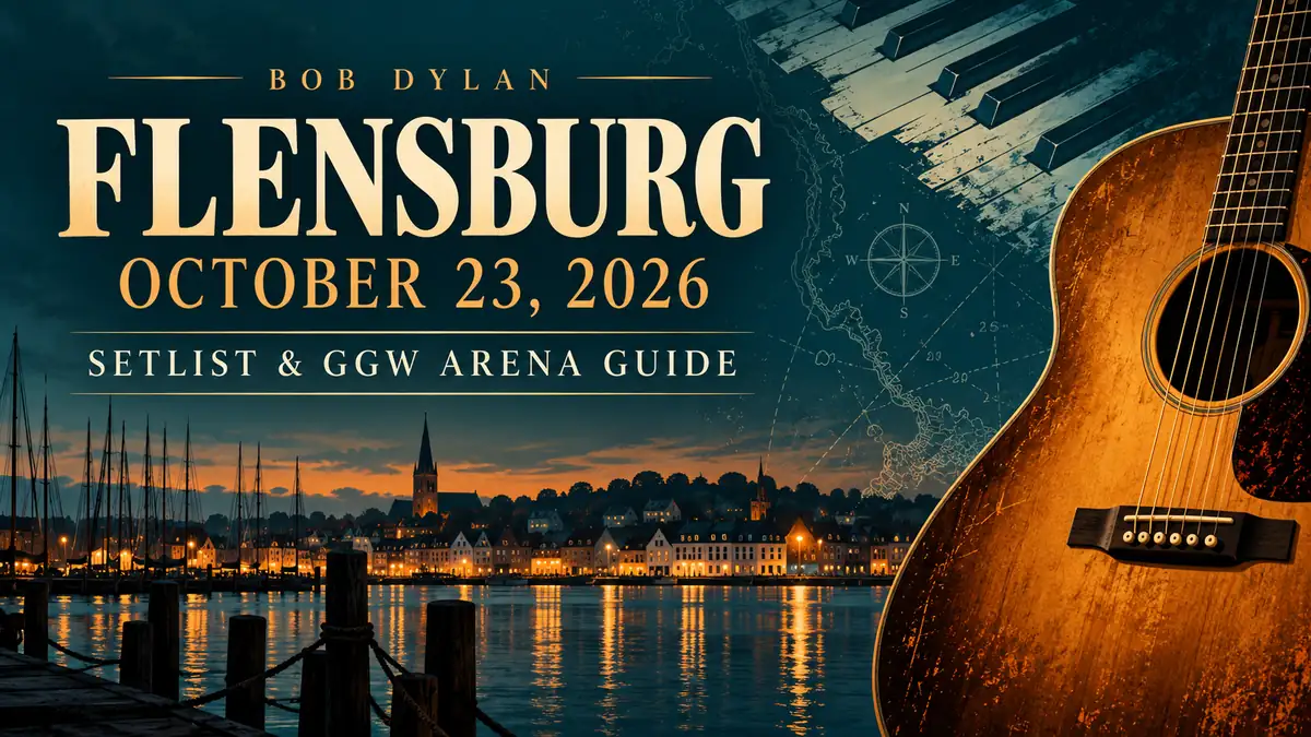 Illustrated Flensburg concert guide with guitar and harbor, October 23, 2026