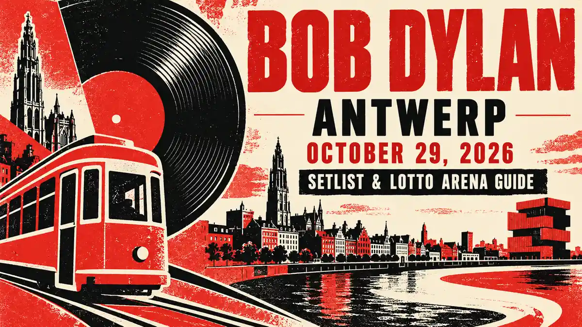 Illustrated Antwerp concert banner with vinyl record, tram and city skyline