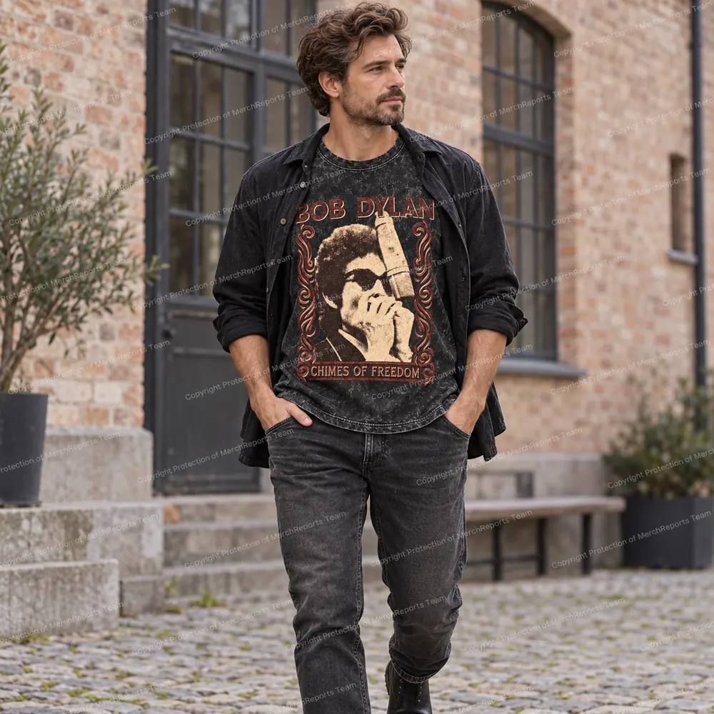 AI styling mockup of a model wearing the black Bob Dylan Chimes of Freedom tee