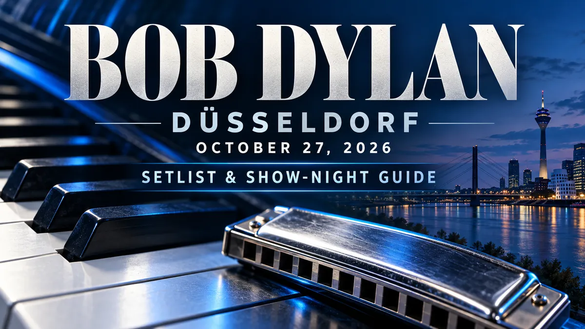 Editorial Düsseldorf concert banner with piano, harmonica and riverside skyline