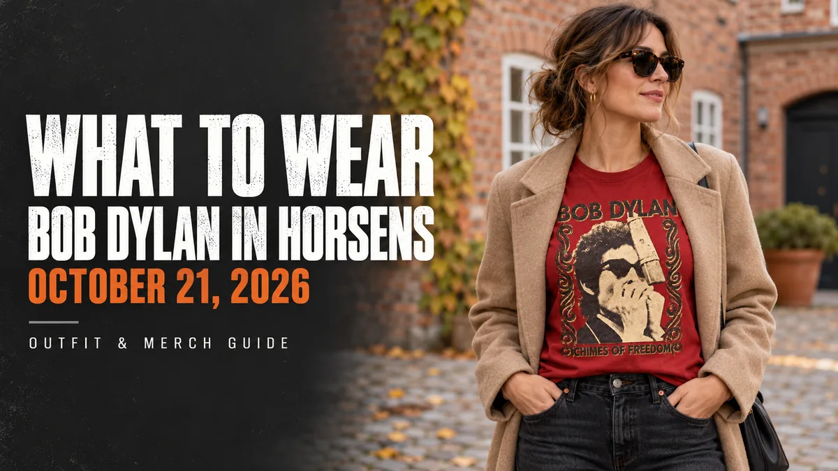 Bob Dylan Horsens October 21 2026 outfit guide banner with a model in a red portrait tee