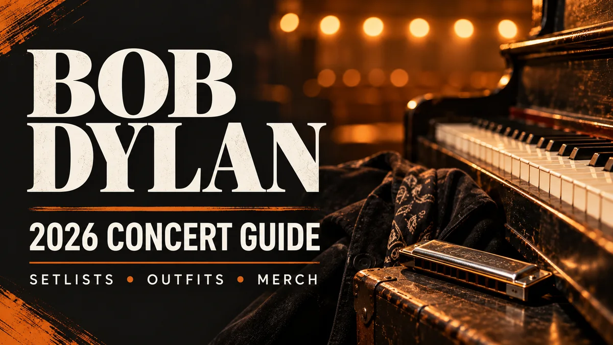 Bob Dylan 2026 concert guide editorial banner with piano and harmonica still life