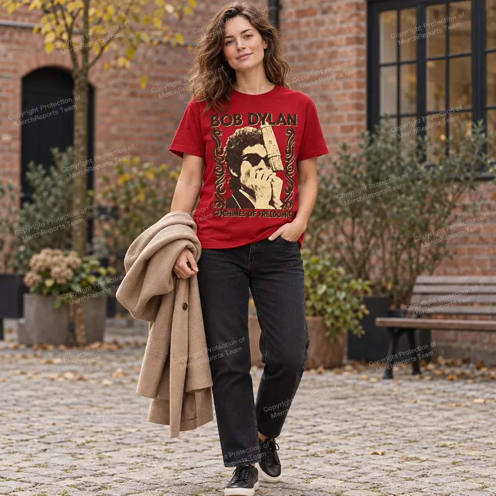 AI styling mockup of a model wearing the red Bob Dylan Chimes of Freedom tee