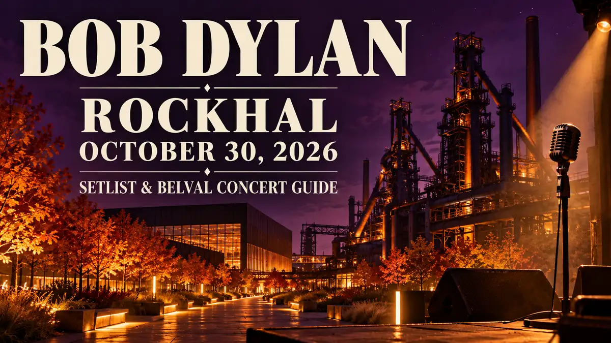 Illustrated Rockhal concert banner with Belval steelworks and autumn stage light