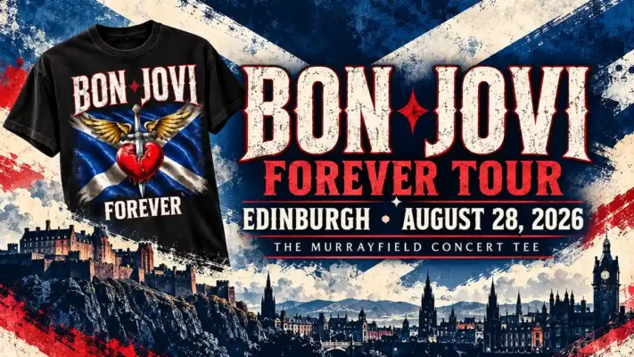 Bon Jovi Forever Tour Edinburgh August 28 2026 editorial artwork with Scottish flag and concert tee.
