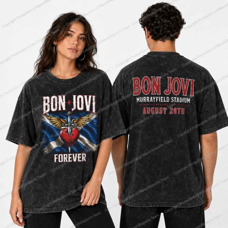 Acid-washed charcoal Bon Jovi Murrayfield tee shown from front and back.