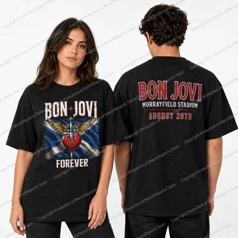 Solid black Bon Jovi Murrayfield tee, with front Scottish flag artwork and rear August 28th print.