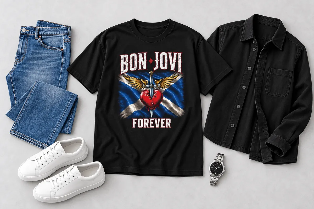 Black Murrayfield tee styled with blue denim, white sneakers and black overshirt.